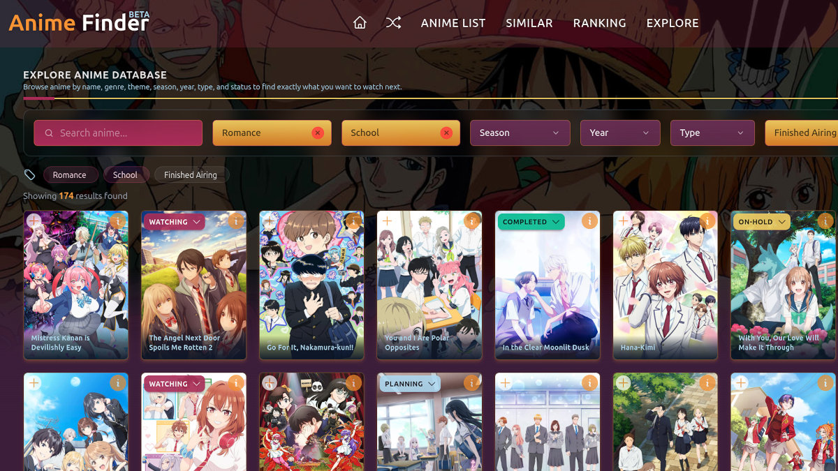 Anime Explorer filters for genres, themes, season, year, type and status