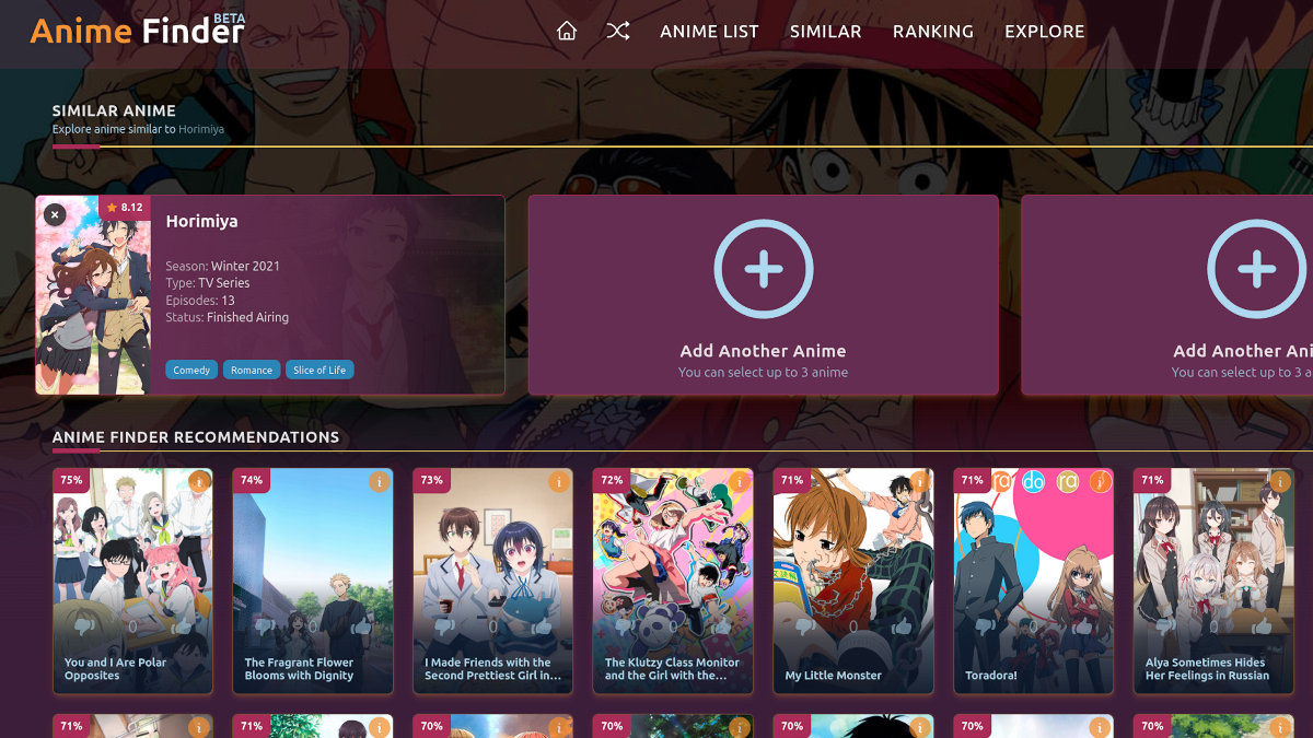 Similar Anime page showing recommendations for one selected anime